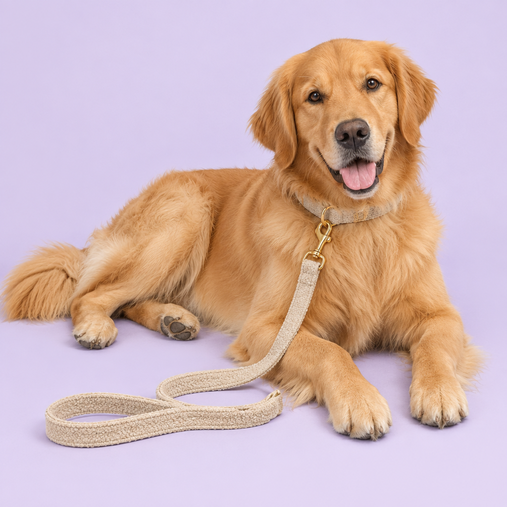 Lounging golden retriever wearing beige teddy fleece set