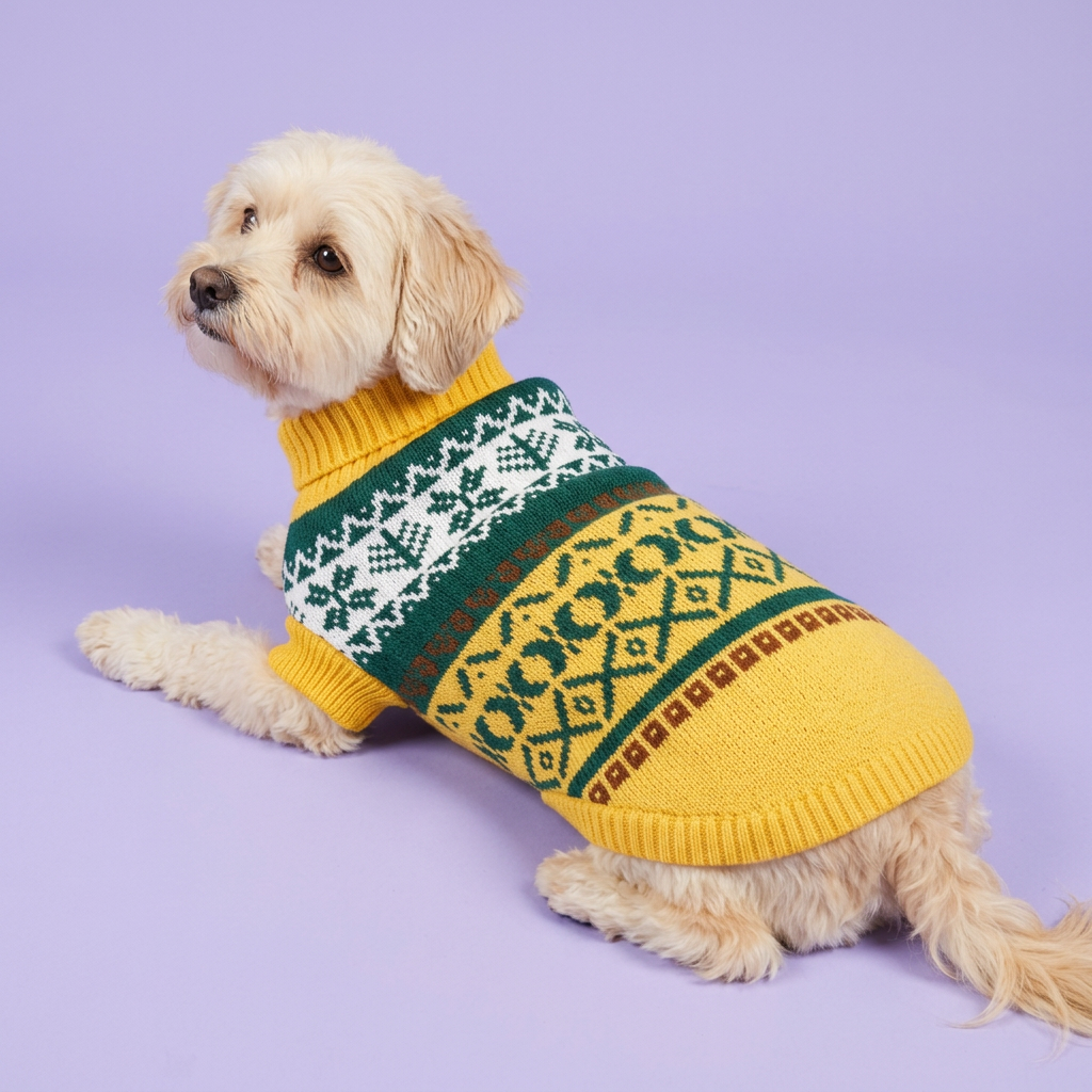 Lounging Havanese in the yellow-and-green sweater