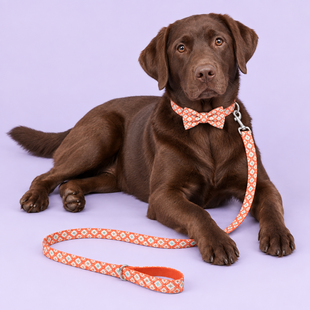 Lounging Labrador wearing geometric bow collar and leash