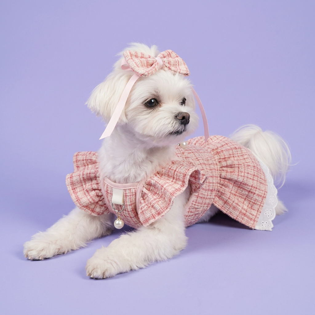 Lounging Maltese with a head-tied bow