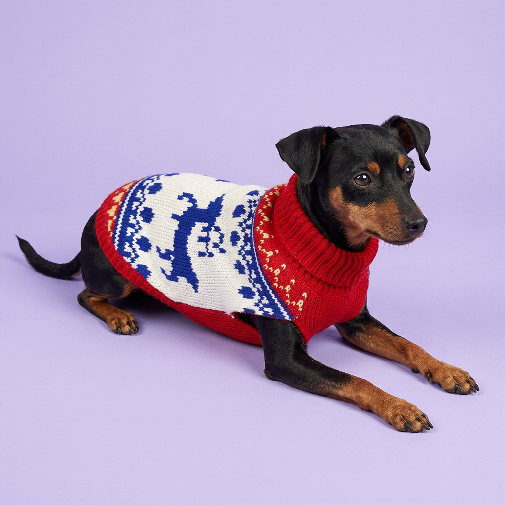 Lounging miniature pinscher in the reindeer sweater