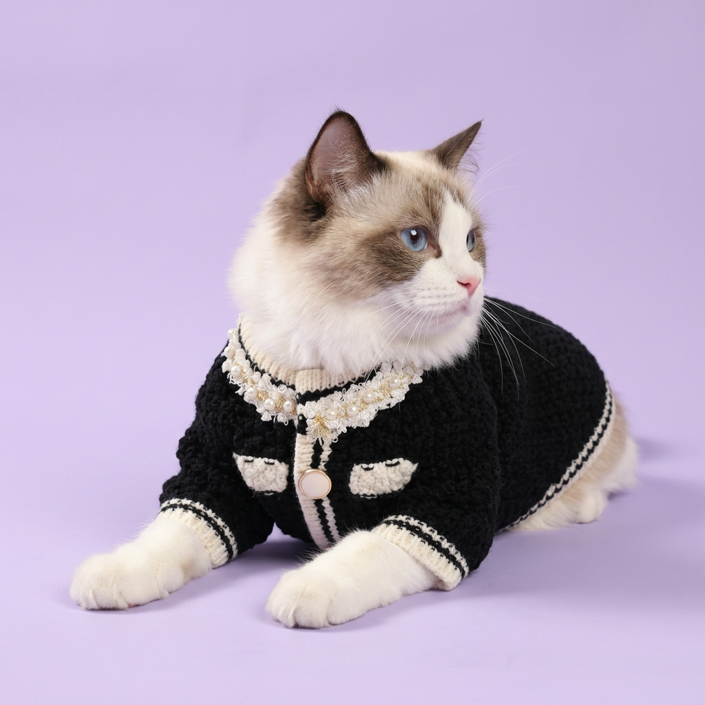 Lounging Ragdoll wearing the black cardigan