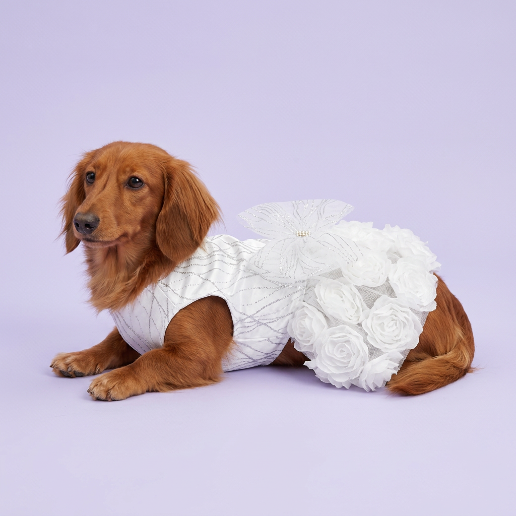 Lounging red longhaired dachshund wearing the white rosette dress
