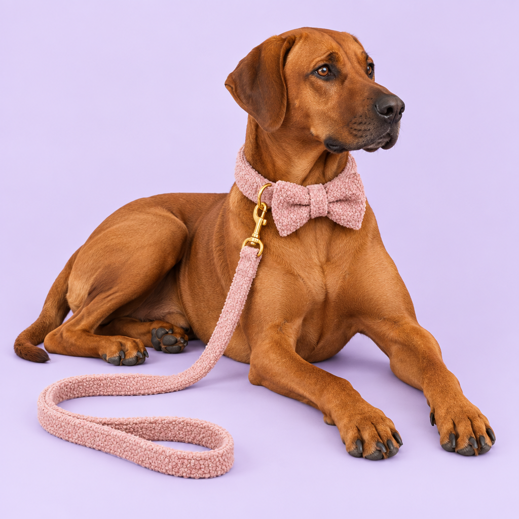 Lounging Rhodesian Ridgeback in pink teddy-fleece set