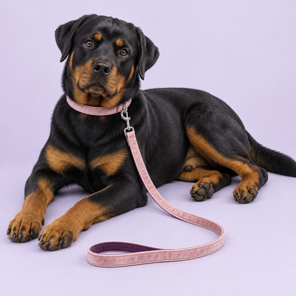 Lounging Rottweiler wearing blush pink velvet collar and leash