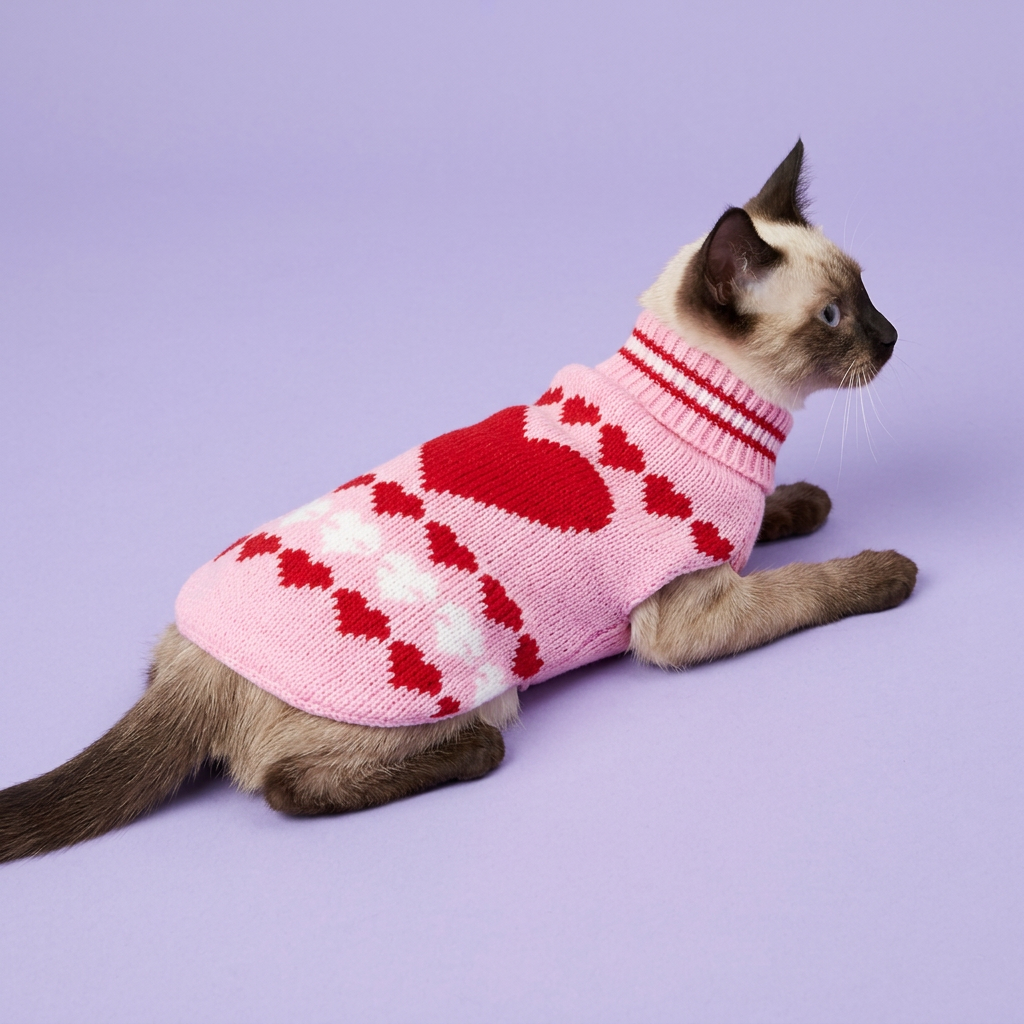 Lounging Siamese in the pink heart sweater