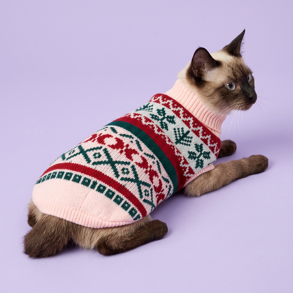 Lounging Siamese in the pink-trimmed sweater