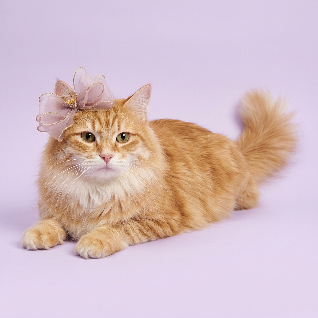 Lounging Siberian cat wearing the lilac and gold crown bow