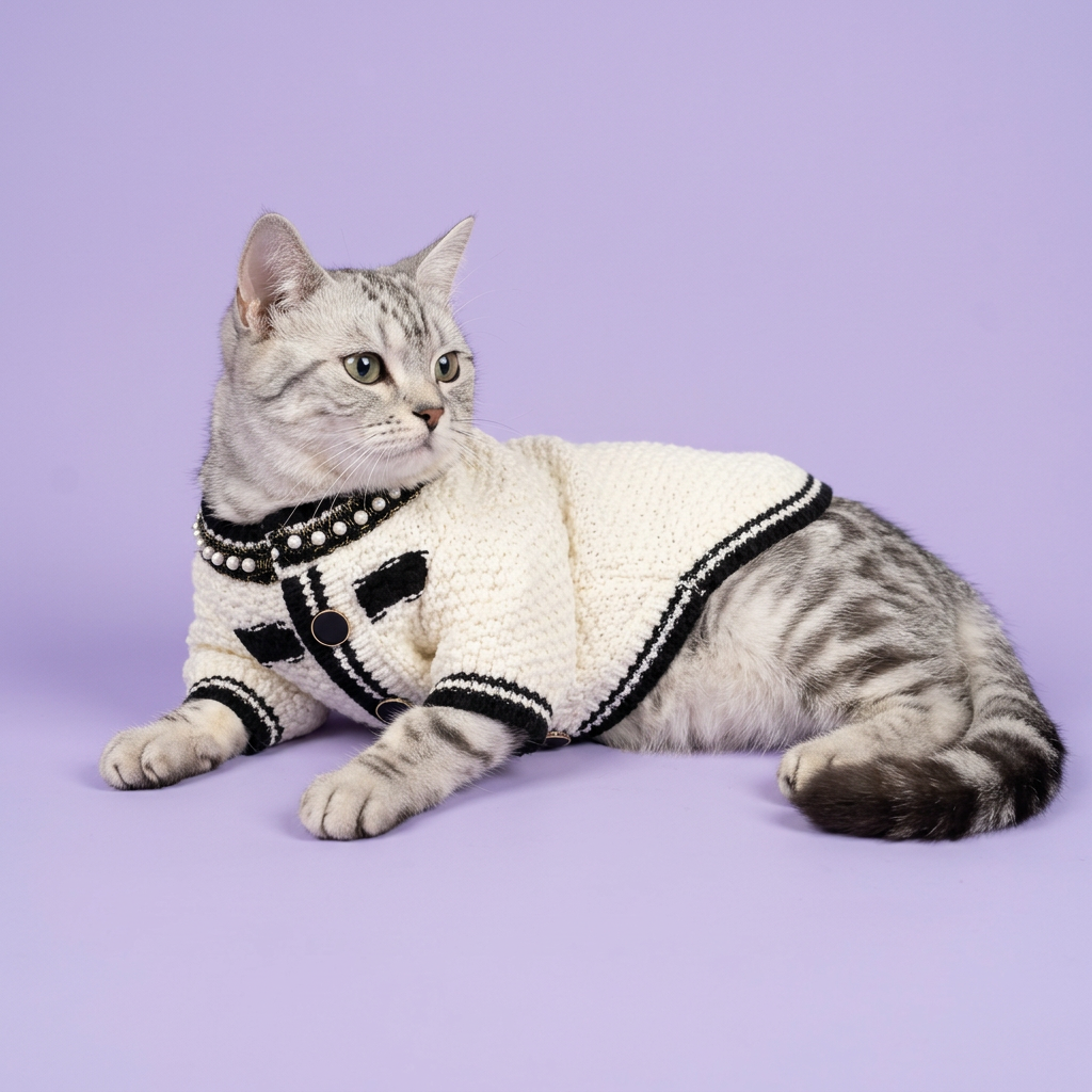 Lounging silver tabby in the cream-and-black sweater
