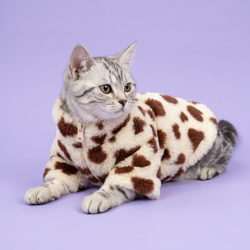 Lounging silver tabby wearing the ivory heart jacket
