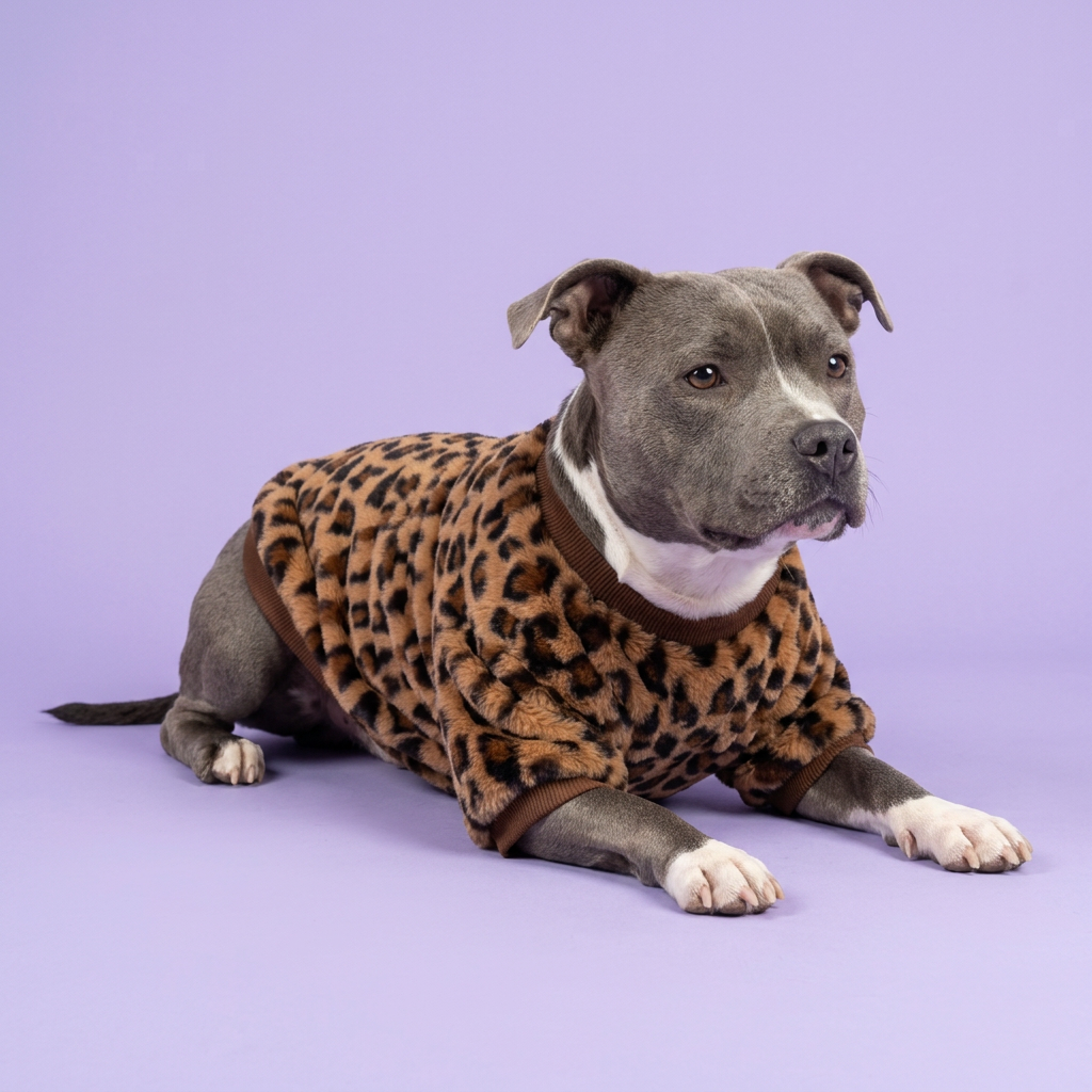 Lounging Staffordshire bull terrier wearing the leopard sweatshirt