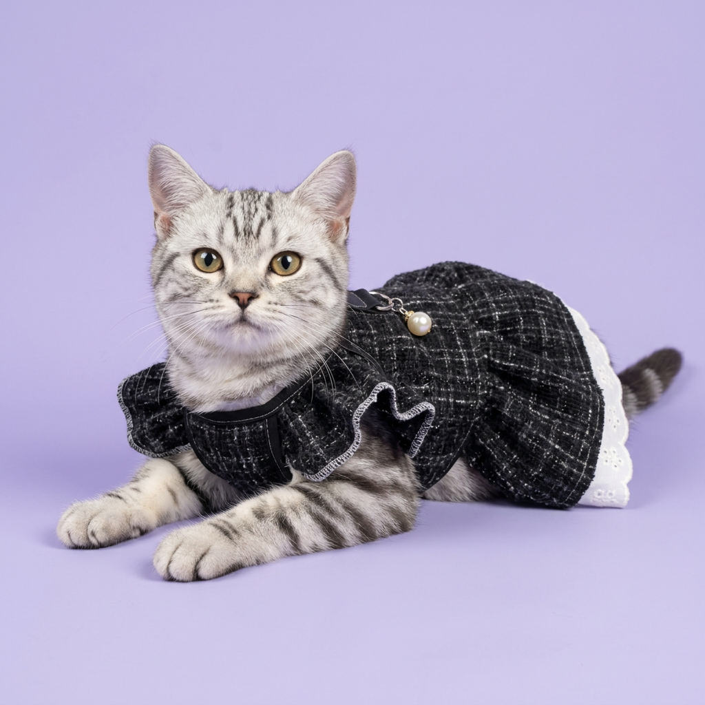 Lounging tabby in the black ruffled dress