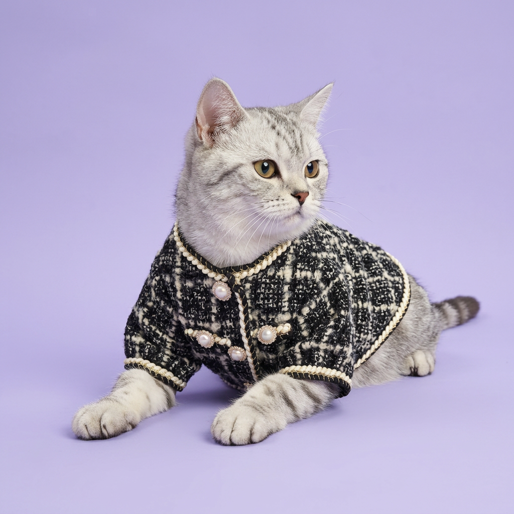 Lounging tabby wearing the tweed jacket