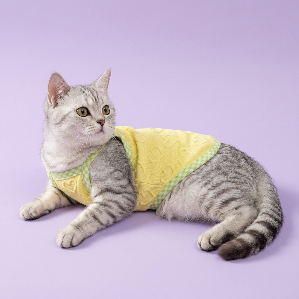 Lounging tabby wearing the yellow heart top