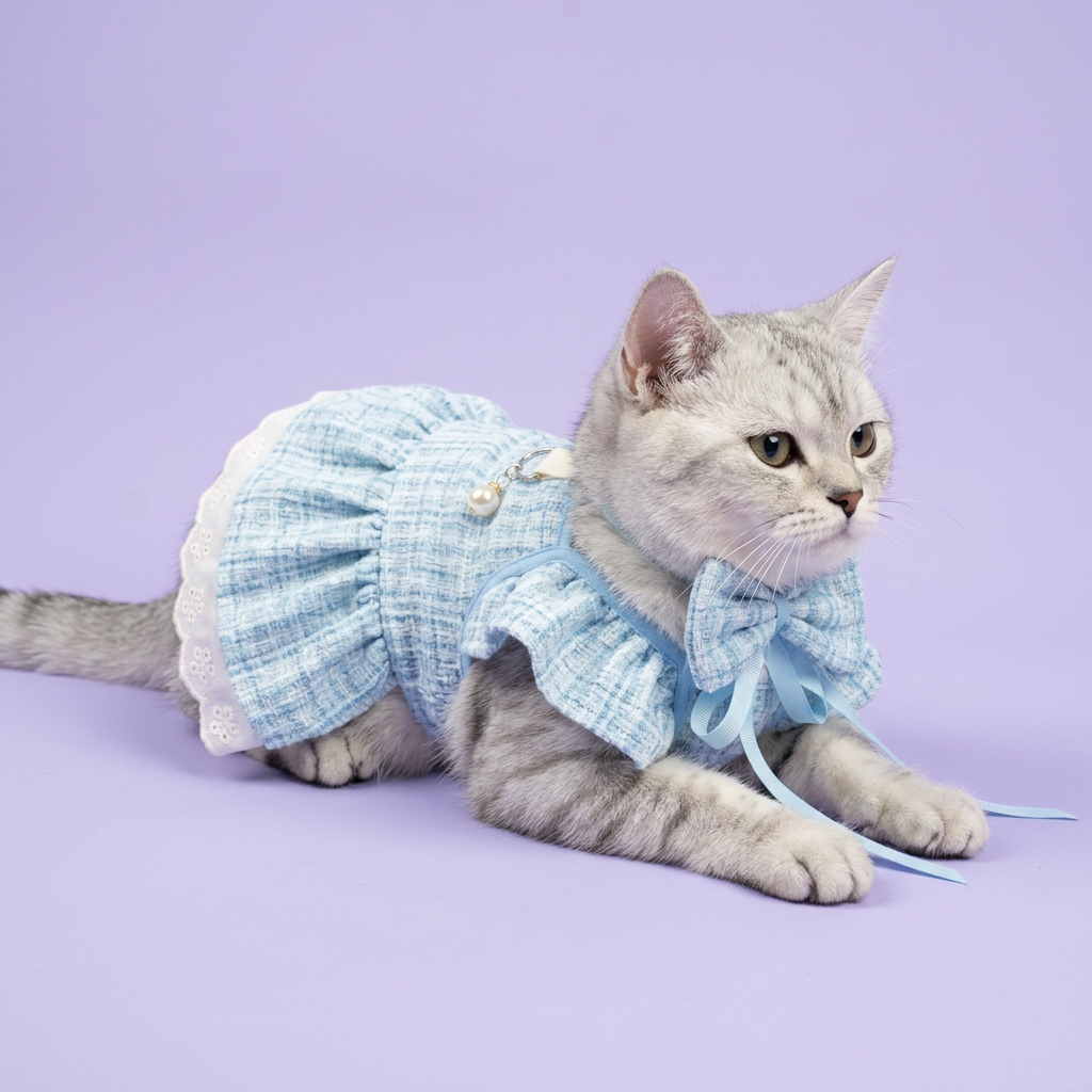 Lounging tabby with a neck-tied bow and blue dress