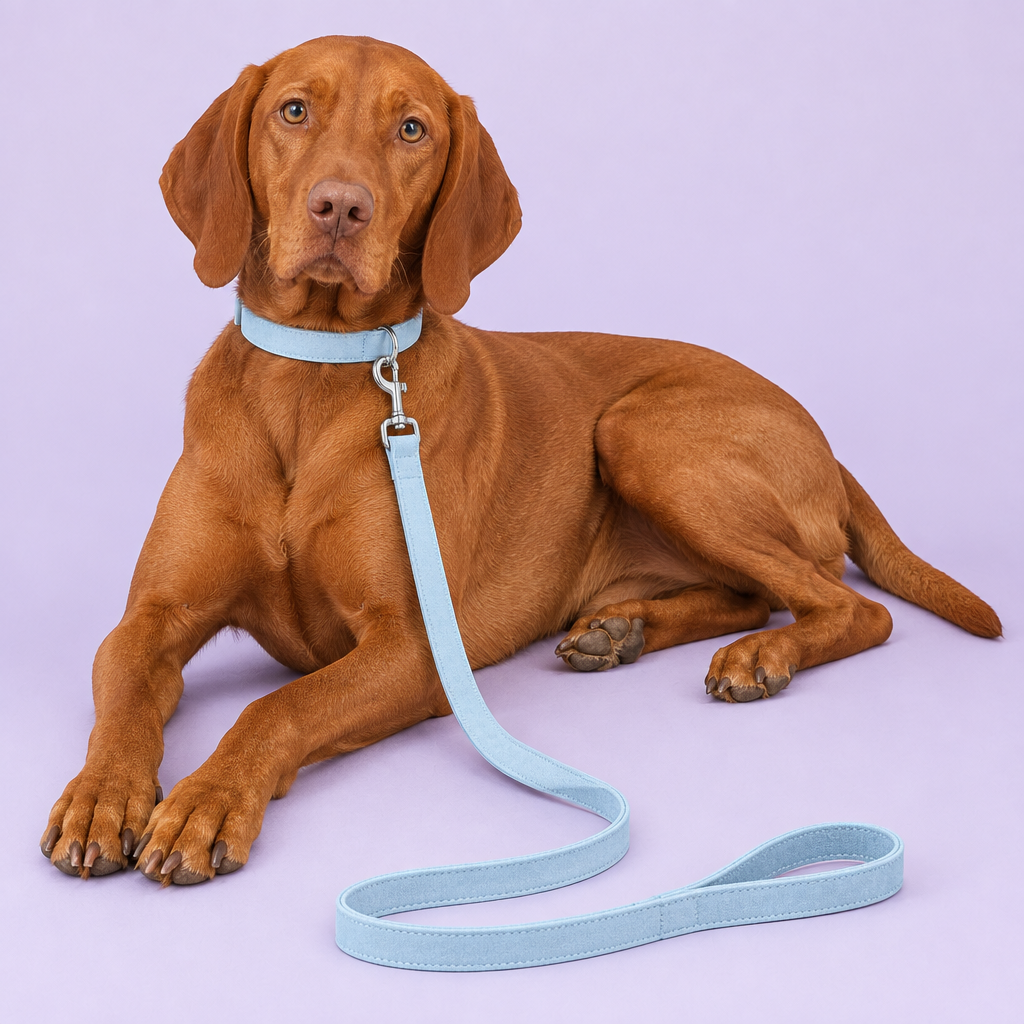 Lounging Vizsla wearing light blue suede-look set