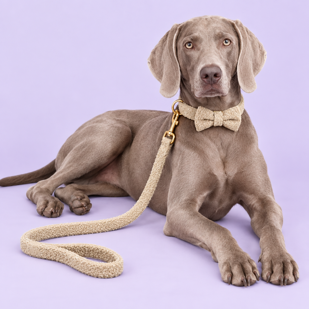 Lounging Weimaraner wearing beige teddy fleece bow set