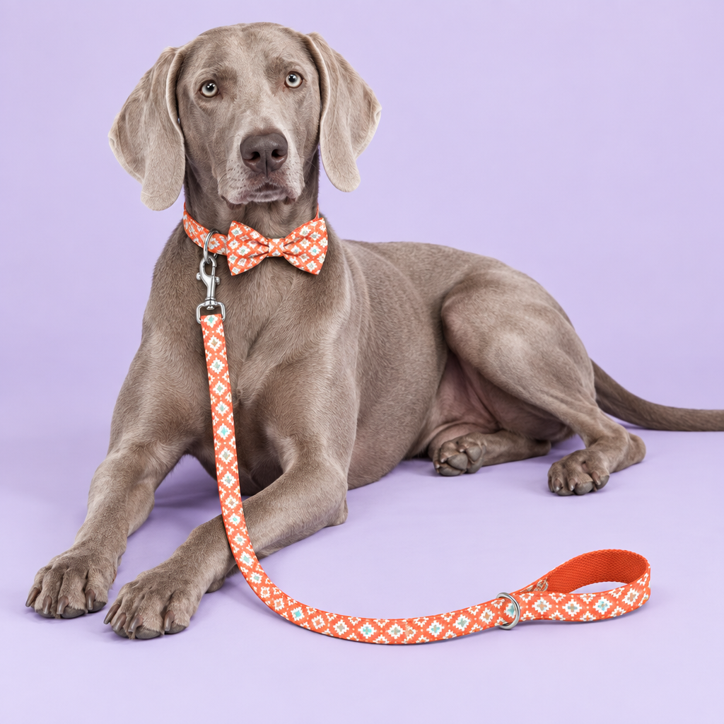 Lounging Weimaraner wearing geometric bow collar and leash