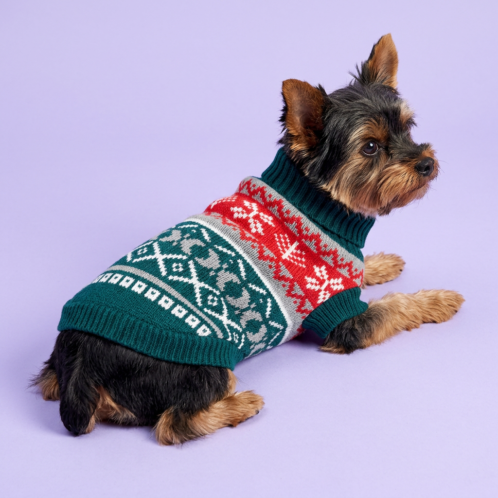 Lounging Yorkie in the green red and grey sweater