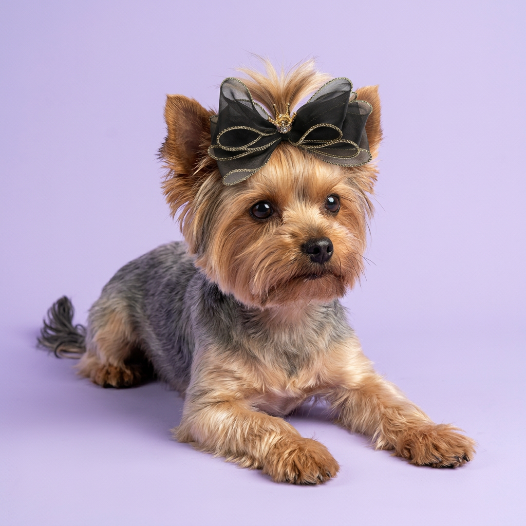 Lounging Yorkie wearing the black-and-gold crown bow