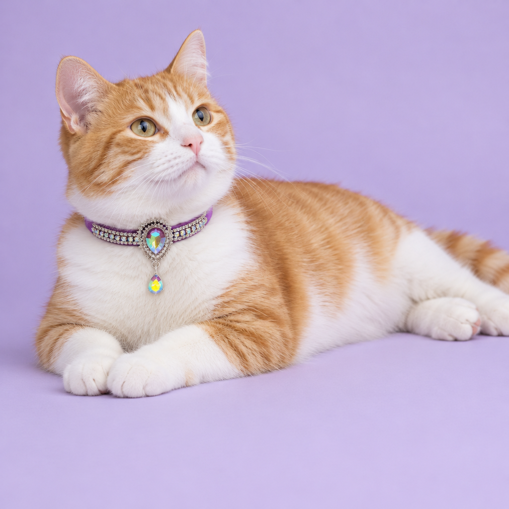 Low-angle orange-and-white cat reclining diagonally