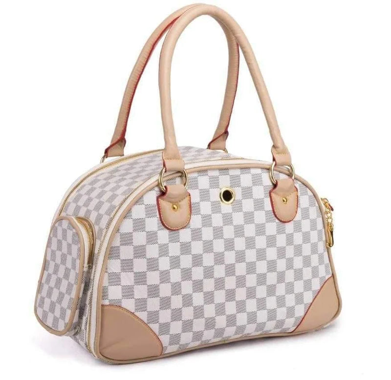 Checkered pet carrier with beige accents on a white background