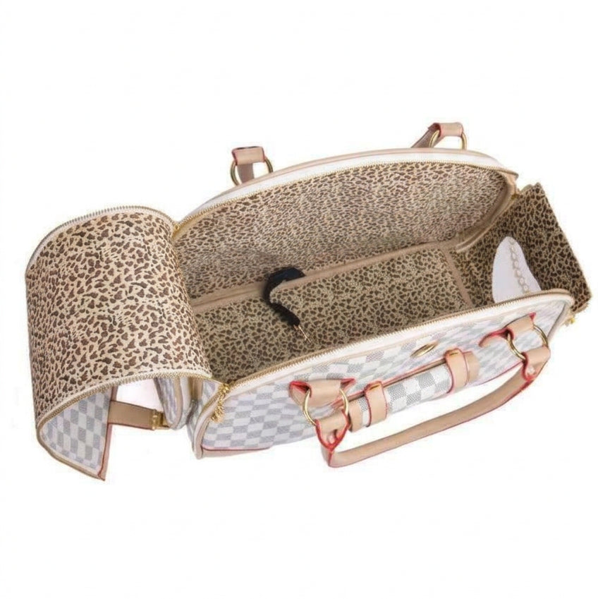 Designer pet carrier with leopard print and checkered pattern on a white background
