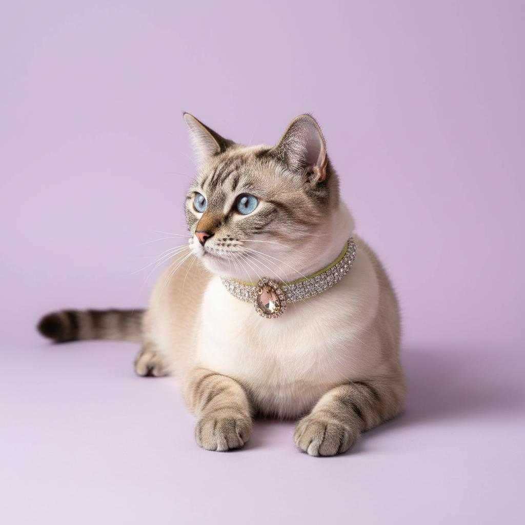 Lynx-point Birman cat lying down and looking up, wearing a champagne beaded collar with a charm pendant, on a lavender background