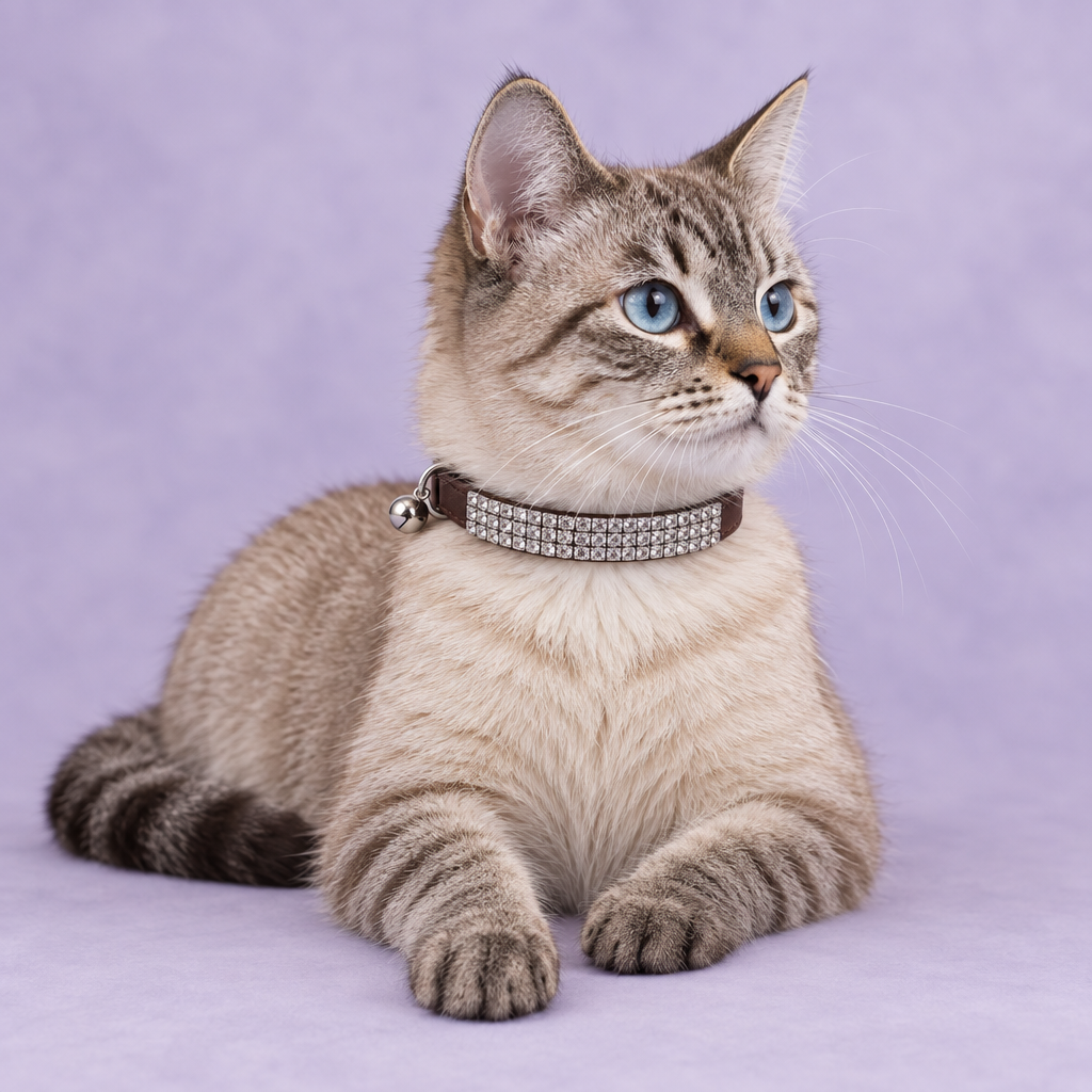 Lynx-point cat wearing the brown three-row crystal collar