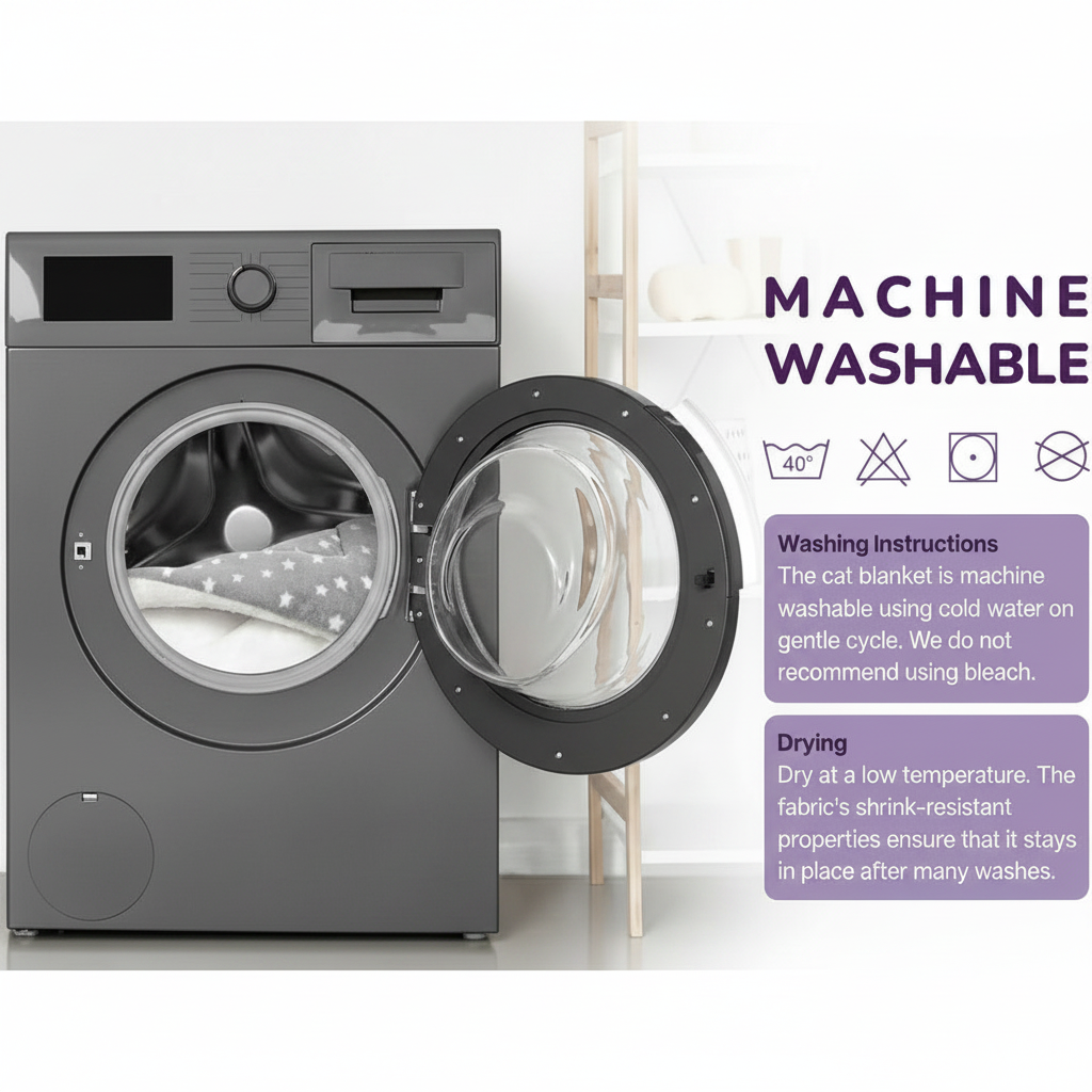 Machine washable pet mat care infographic showing washing machine with star print mat inside, care symbols, and washing instructions for cold gentle cycle and low temperature drying on white background