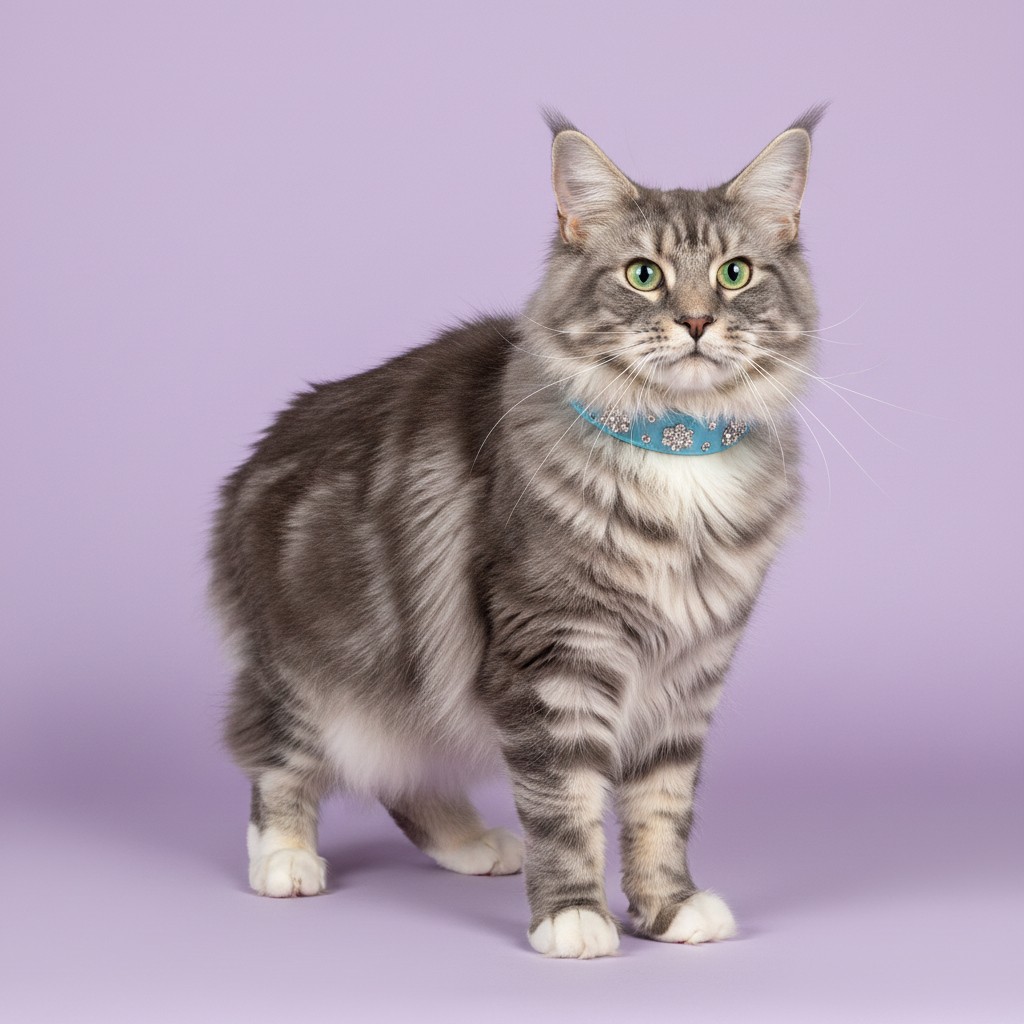 Maine Coon cat wearing a blue rhinestone collar against a soft lavender studio background.