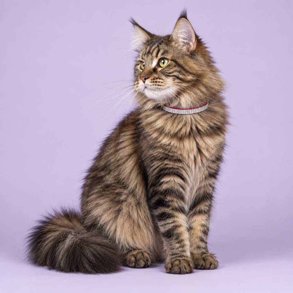 Maine Coon cat seated three-quarters and looking over its shoulder