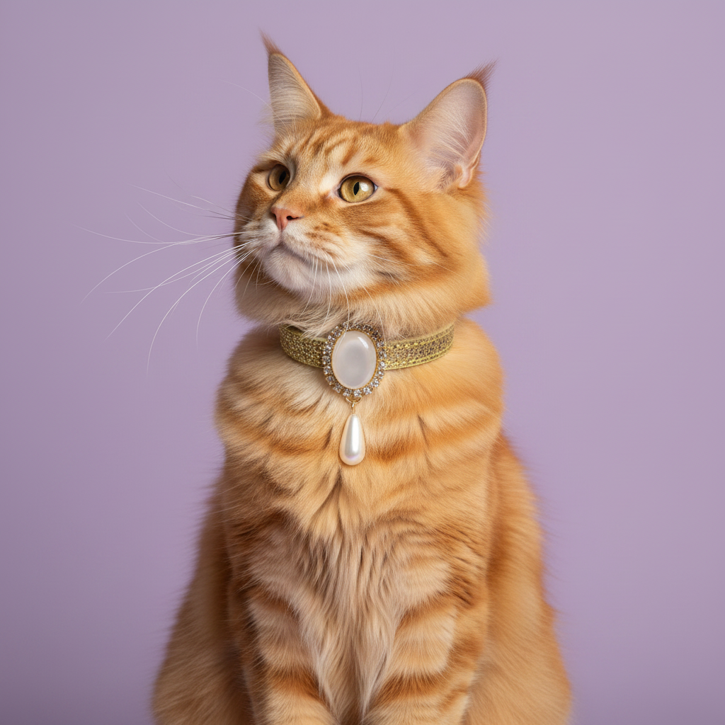 Orange tabby Maine Coon cat sitting tall and gazing to the side wearing a gold snakeskin-texture breakaway cat collar with a large oval pearl centerpiece, rhinestone surround, and pearl teardrop pendant