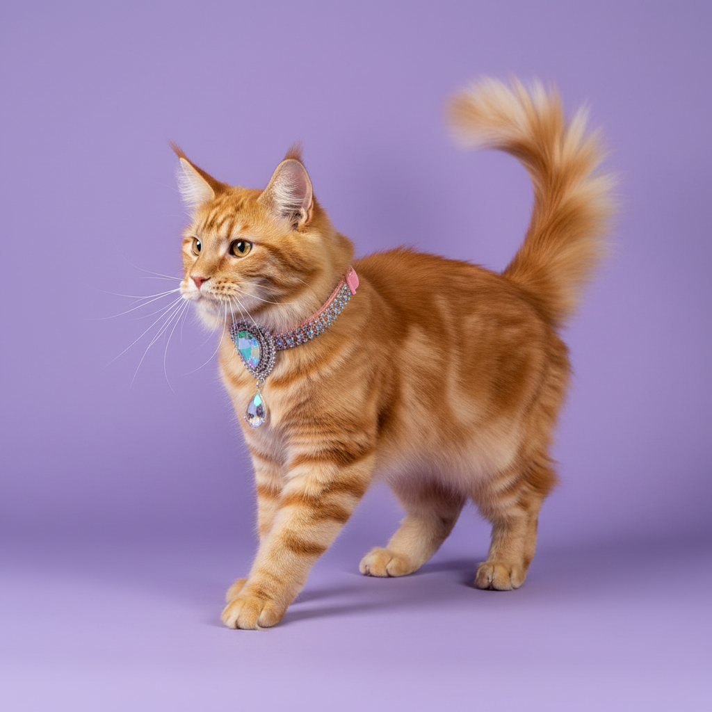 Orange tabby Maine Coon wearing pink rhinestone breakaway cat collar with aurora borealis crystal teardrop pendant