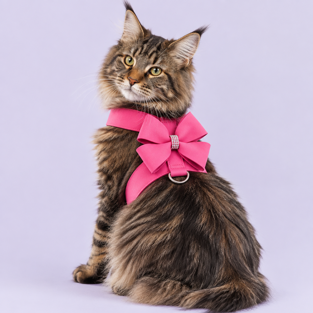 Maine Coon in pink bow harness without leash
