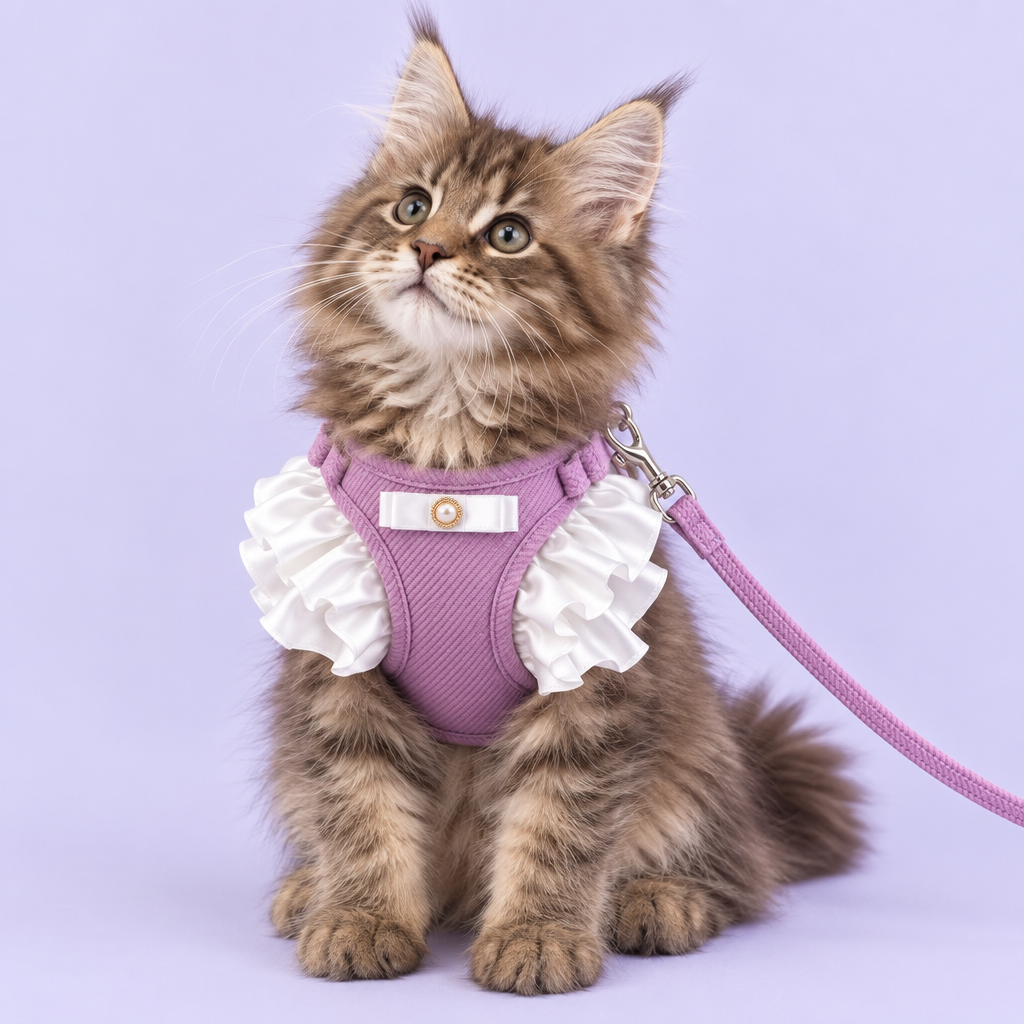 Maine Coon in purple ruffled harness and leash