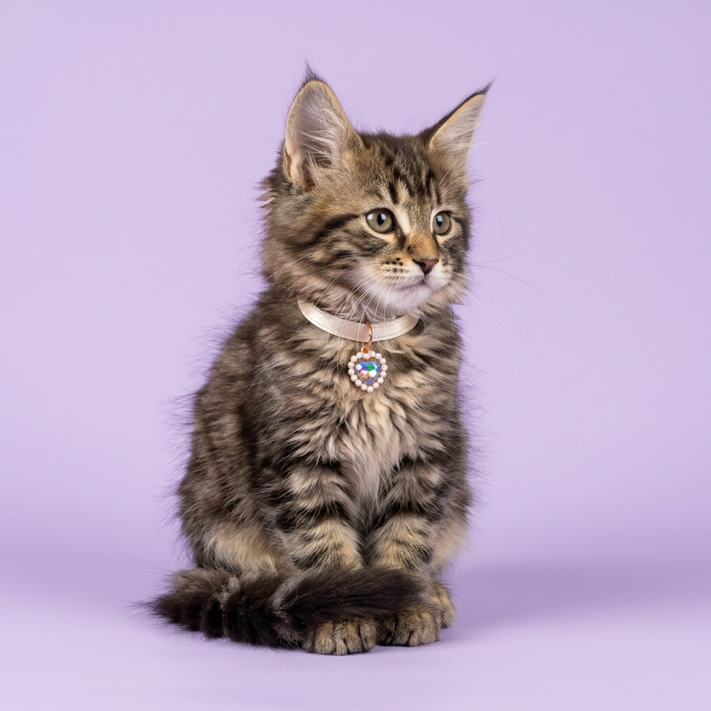 Maine Coon kitten sitting three-quarters gazing aside, wearing the ivory satin iridescent heart-charm collar