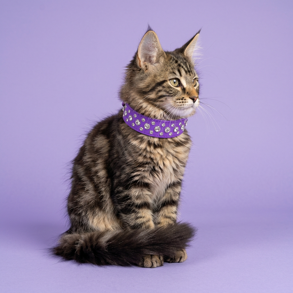 Maine Coon kitten sitting three-quarters gazing aside, wearing the wide purple rhinestone collar