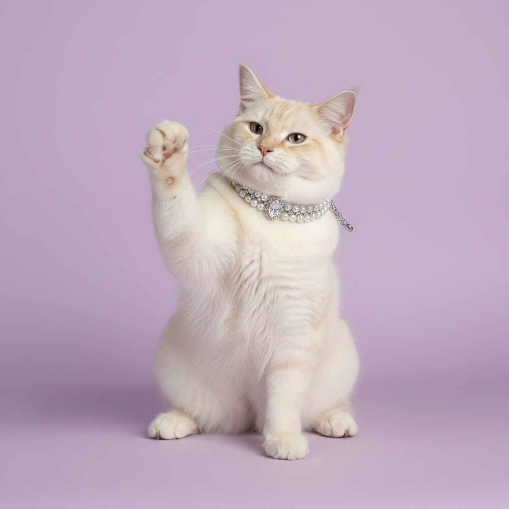 Cream Maine Coon cat seated upright with one paw raised high in a playful pose, wearing the double-strand white pearl collar with a marquise-cut crystal centerpiece and visible silver chain extension, on a soft lavender background — real lifestyle photo