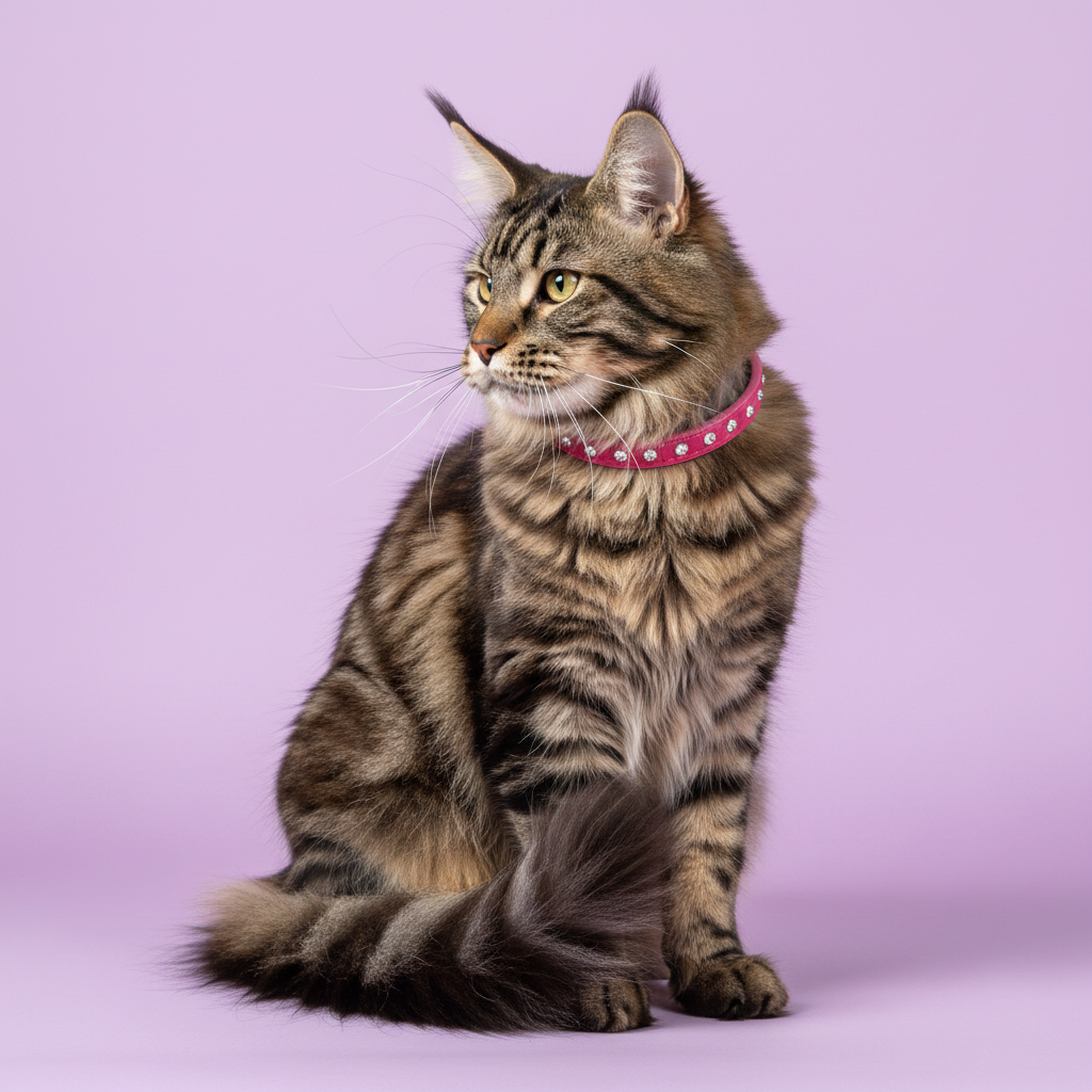 Brown tabby Maine Coon cat wearing a hot pink rhinestone crystal leather cat collar, seated full body side profile studio portrait on lavender background