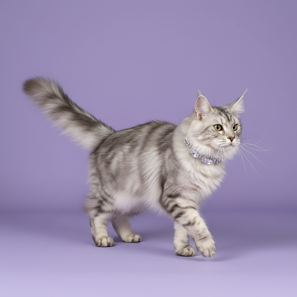 Golden-eyed silver tabby Maine Coon cat mid-prance in full profile view with tail raised and one paw forward wearing a silver multi-oval crystal rhinestone statement collar, luxury diamond cat collar for large long-haired cats on lavender background