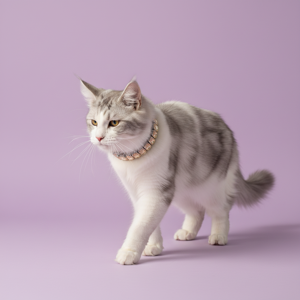 Silver tabby Maine Coon cat walking and wearing a clear crystal rhinestone collar against a soft lavender studio background.