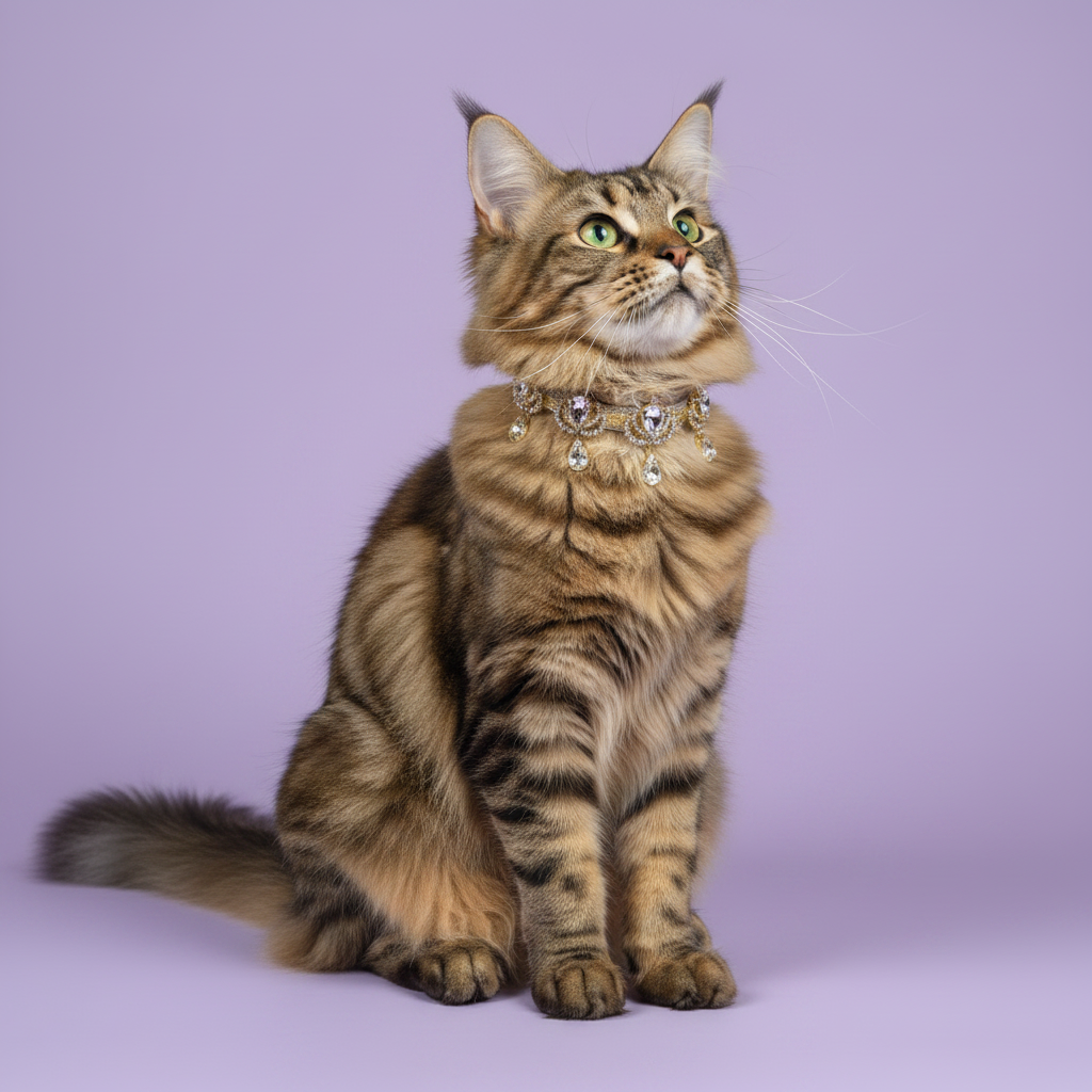 Brown tabby Maine Coon sitting tall and gazing upward wearing a gold crystal teardrop pendant rhinestone cat collar
