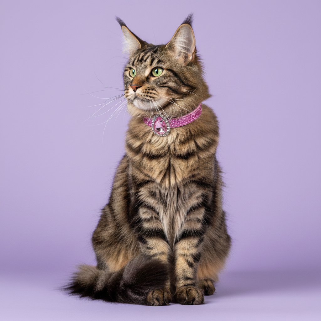 Green-eyed brown tabby Maine Coon cat sitting tall and gazing upward wearing a pink glitter rhinestone collar with teardrop pink crystal pendant, luxury bling cat collar for large long-haired cats on lavender background