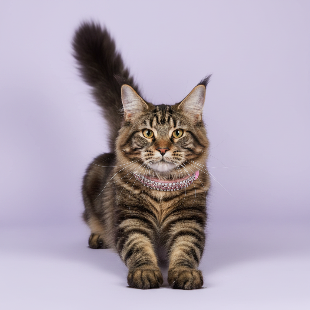 Brown tabby Maine Coon cat stretching forward with tail raised wearing a pink double-row crystal rhinestone collar, luxury rhinestone cat collar on lavender background