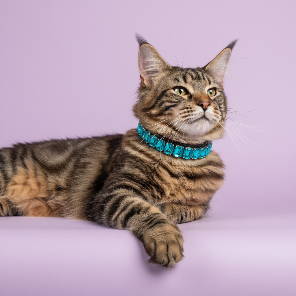 Tabby Maine Coon cat lying down with crossed paws and wearing a bright teal rhinestone collar against a soft lavender studio background.