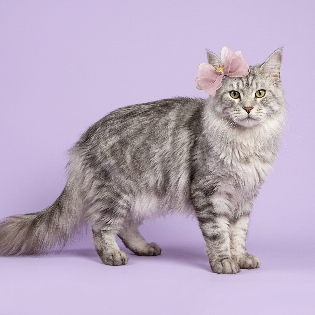Maine Coon wearing the lilac and gold crown bow