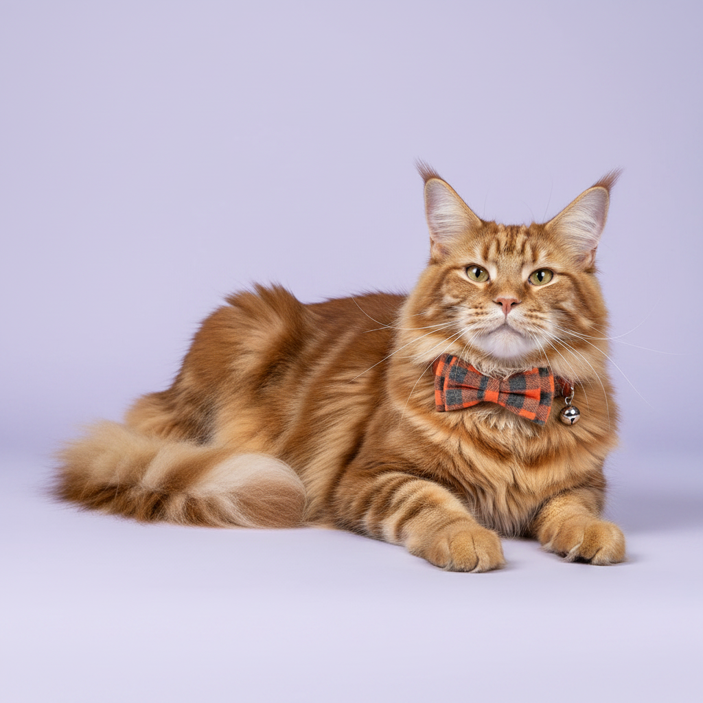 Golden Maine Coon lounging with paws stretched forward and gazing toward the camera wearing an orange and grey plaid bow tie breakaway cat collar with a silver bell