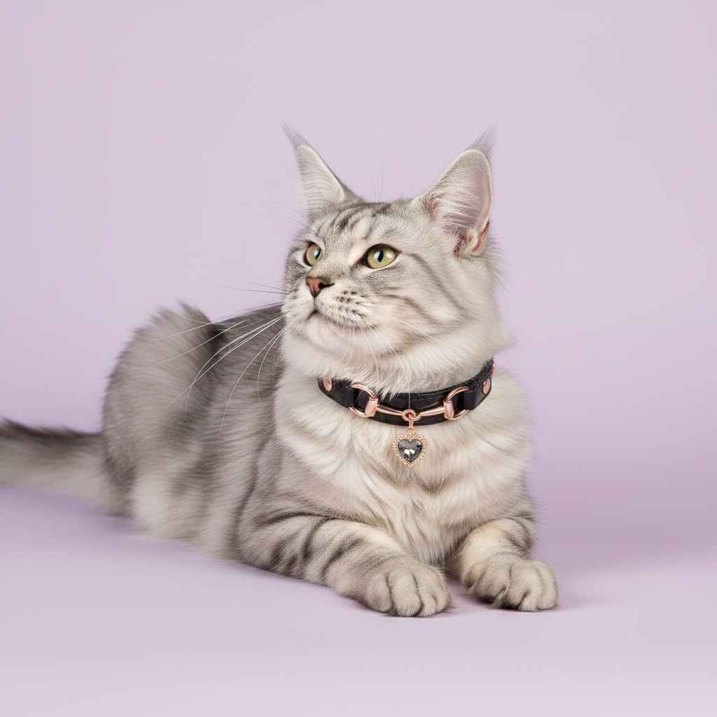 Silver tabby Maine Coon cat lying down and looking upward, wearing a black leather pet collar with rose gold snaffle-bit hardware and a grey crystal heart charm pendant, on a soft lavender background