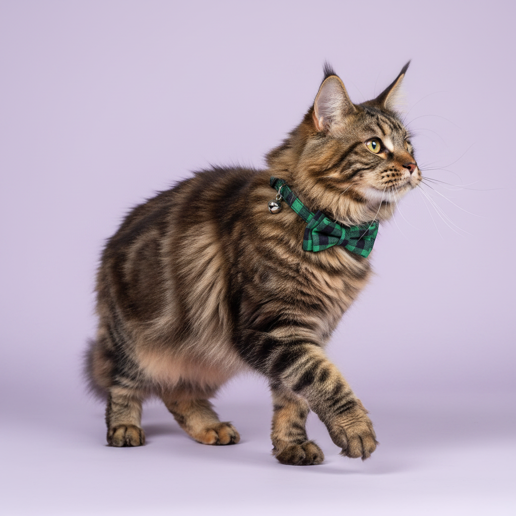 Maine Coon mid-stride in full side profile with one paw raised wearing a green plaid bow tie breakaway cat collar with a silver bell